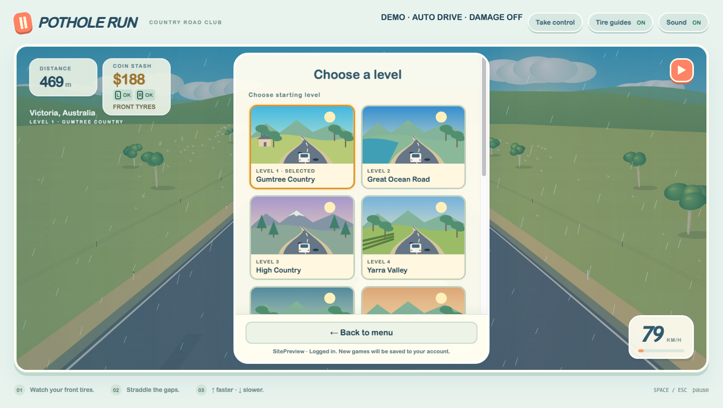 Pothole Run level selection menu showing the illustrated Victorian stages