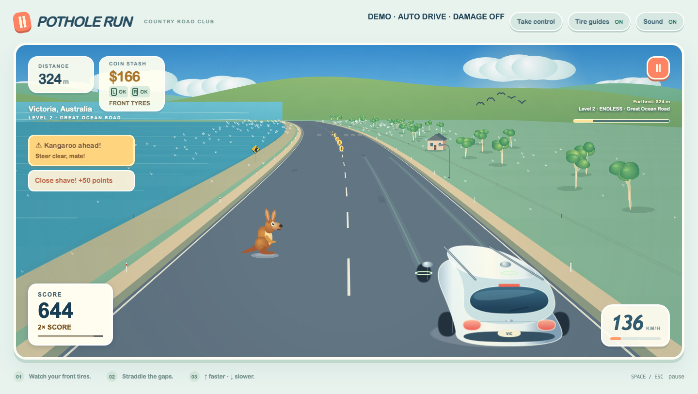 Great Ocean Road stage with coastline, white wagon, coins and a kangaroo on the road