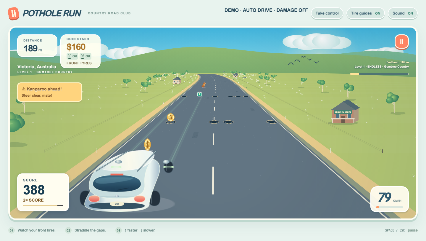 Actual Pothole Run gameplay in Gumtree Country: a white wagon dodges potholes on a sunny country road